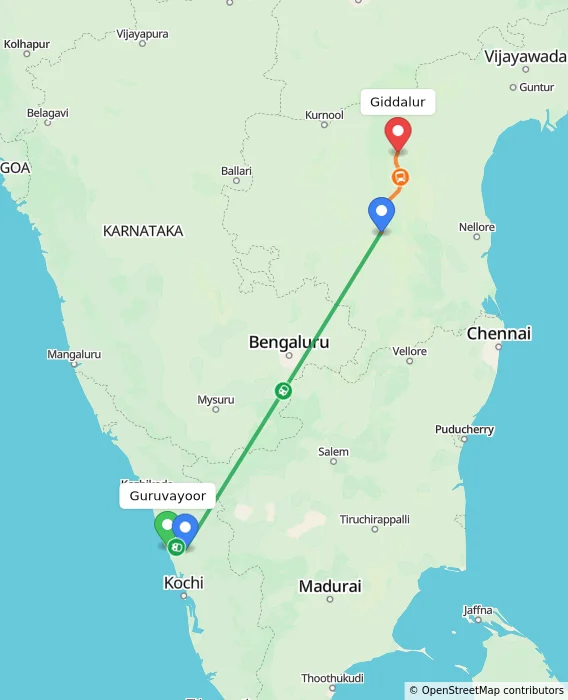 Route map showing distance and travel time from Guruvayoor, India to Giddalur, India