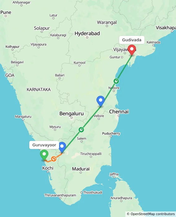 Route map showing distance and travel time from Guruvayoor, India to Gudivada, India
