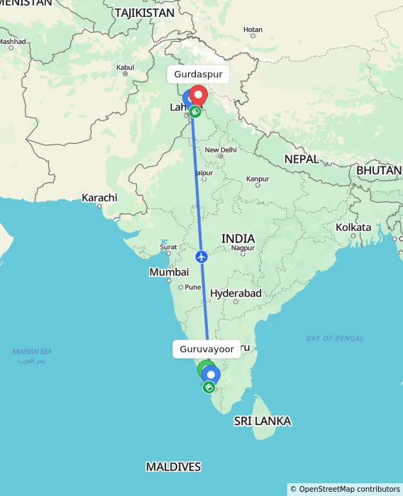 Route map showing distance and travel time from Guruvayoor, India to Gurdaspur, India