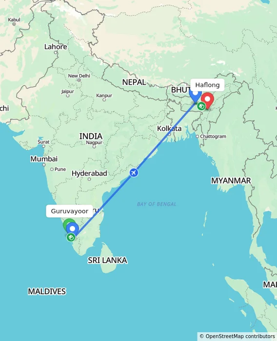 Route map showing distance and travel time from Guruvayoor, India to Haflong, India