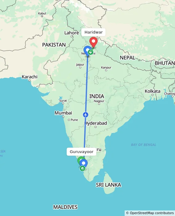 Route map showing distance and travel time from Guruvayoor, India to Haridwar, India