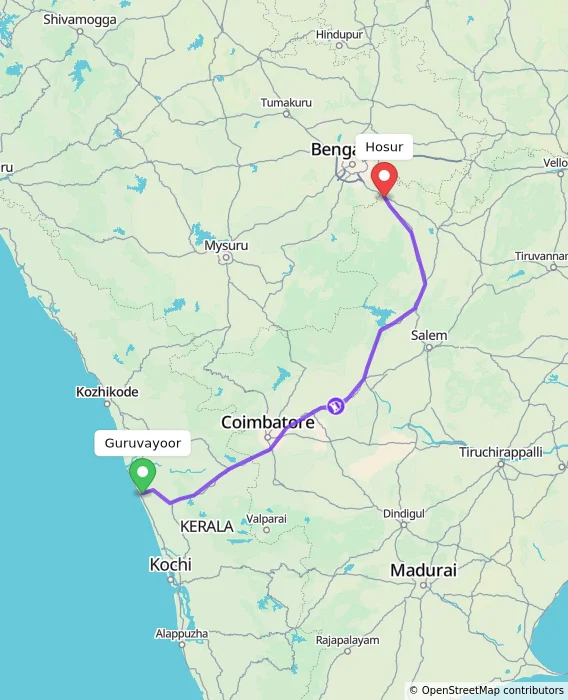 Route map showing distance and travel time from Guruvayoor, India to Hosur, India