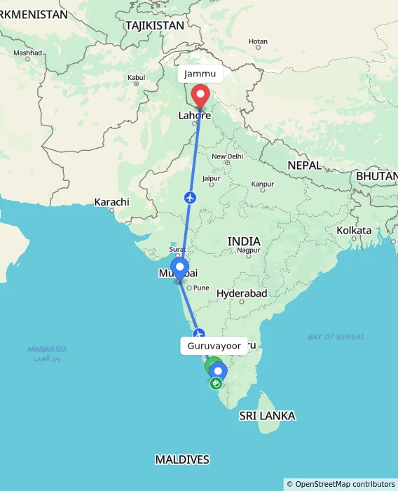 Route map showing distance and travel time from Guruvayoor, India to Jammu, India