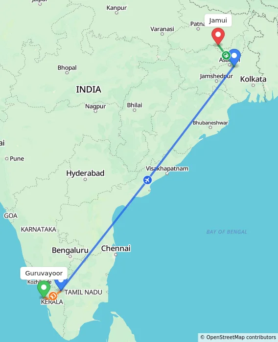 Route map showing distance and travel time from Guruvayoor, India to Jamui, India
