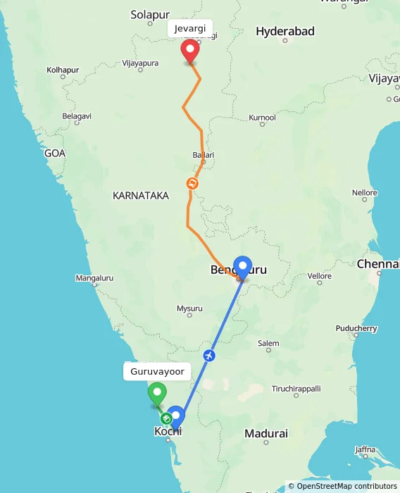 Route map showing distance and travel time from Guruvayoor, India to Jevargi, India