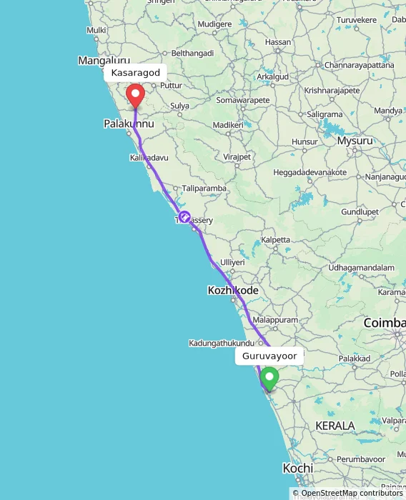 Route map showing distance and travel time from Guruvayoor, India to Kasaragod, India