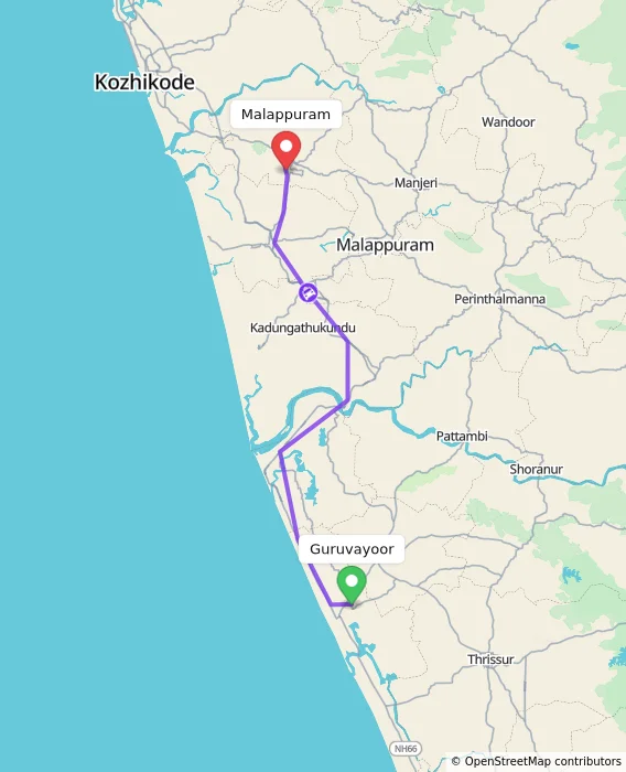 Route map showing distance and travel time from Guruvayoor, India to Malappuram, India