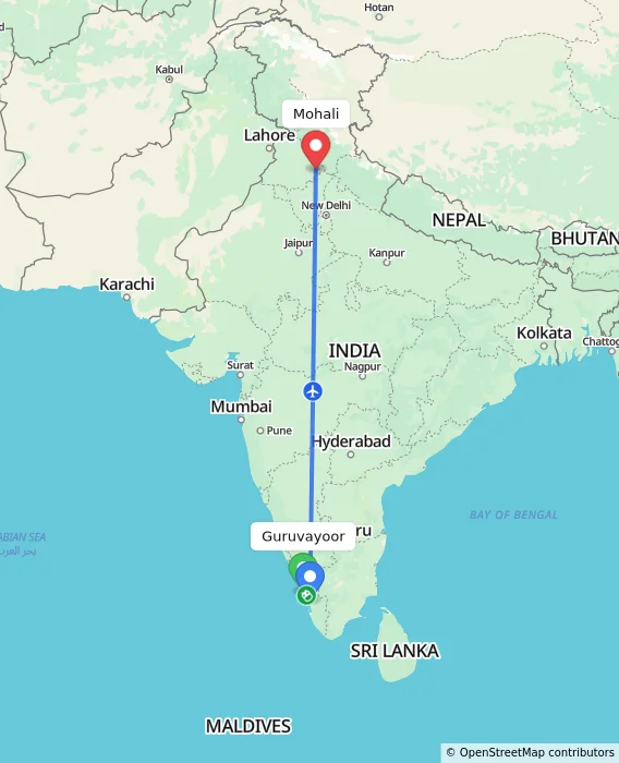 Route map showing distance and travel time from Guruvayoor, India to Mohali, India