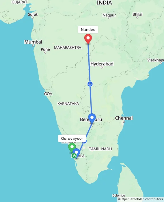 Route map showing distance and travel time from Guruvayoor, India to Nanded, India