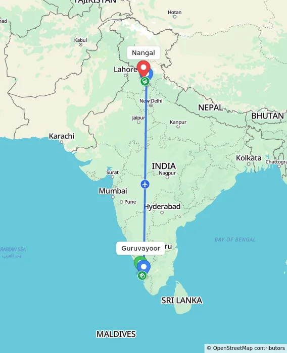 Route map showing distance and travel time from Guruvayoor, India to Nangal, India