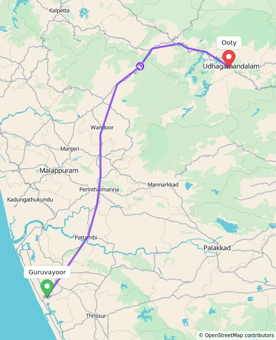 Route map showing distance and travel time from Guruvayoor, India to Ooty, India