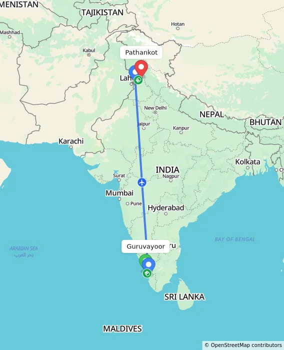 Route map showing distance and travel time from Guruvayoor, India to Pathankot, India