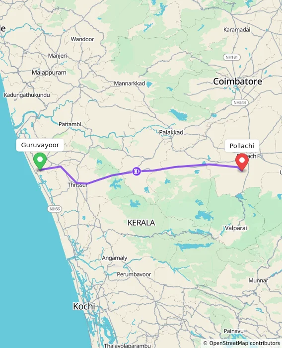 Route map showing distance and travel time from Guruvayoor, India to Pollachi, India