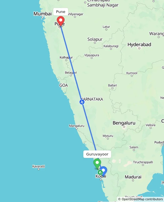 Route map showing distance and travel time from Guruvayoor, India to Pune, India