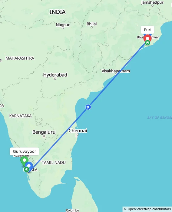 Route map showing distance and travel time from Guruvayoor, India to Puri, India