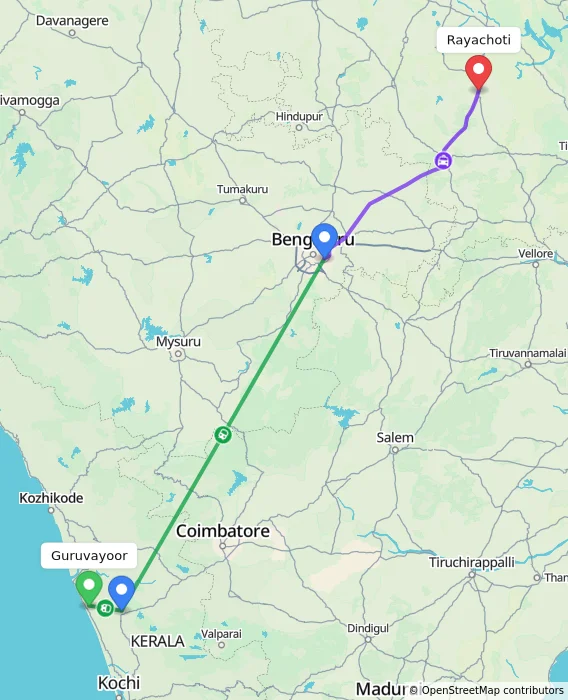 Route map showing distance and travel time from Guruvayoor, India to Rayachoti, India