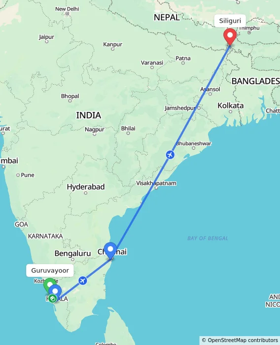 Route map showing distance and travel time from Guruvayoor, India to Siliguri, India