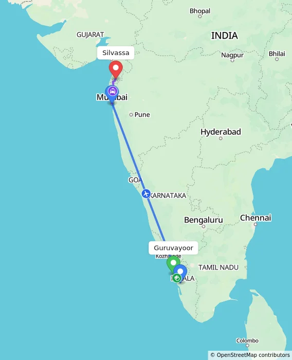 Route map showing distance and travel time from Guruvayoor, India to Silvassa, India