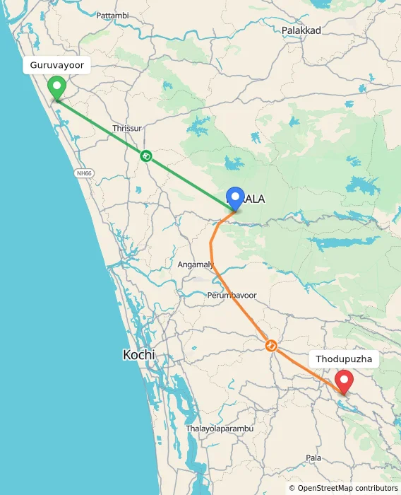 Route map showing distance and travel time from Guruvayoor, India to Thodupuzha, India
