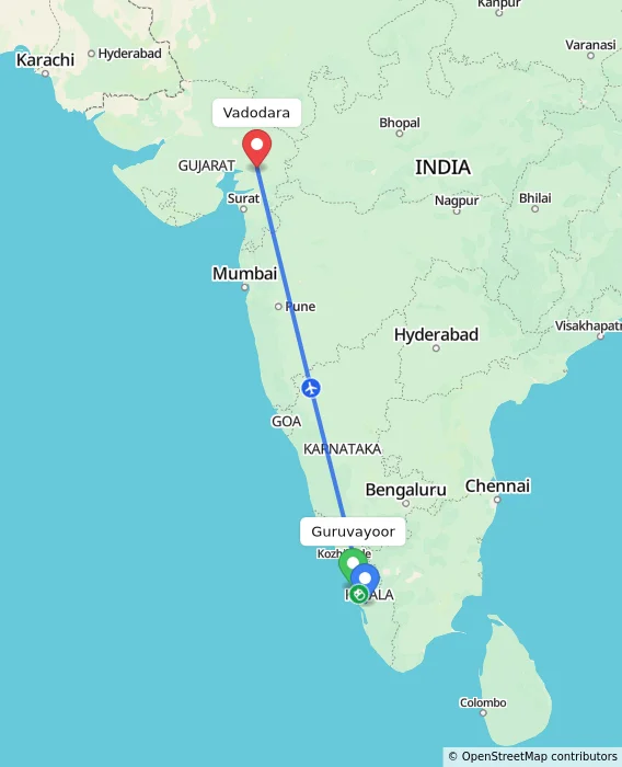 Route map showing distance and travel time from Guruvayoor, India to Vadodara, India