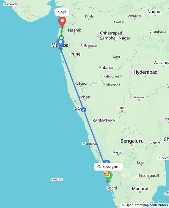 Route map showing distance and travel time from Guruvayoor, India to Vapi, India