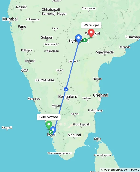 Route map showing distance and travel time from Guruvayoor, India to Warangal, India