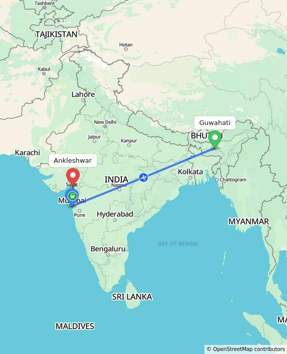 Route map showing distance and travel time from Guwahati, India to Ankleshwar, India