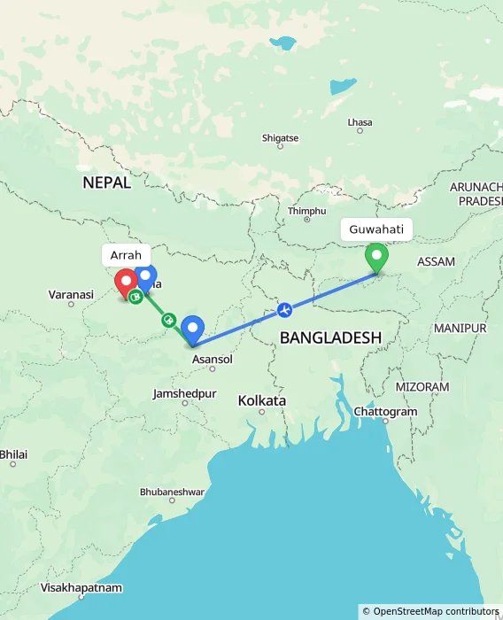 Route map showing distance and travel time from Guwahati, India to Arrah, India