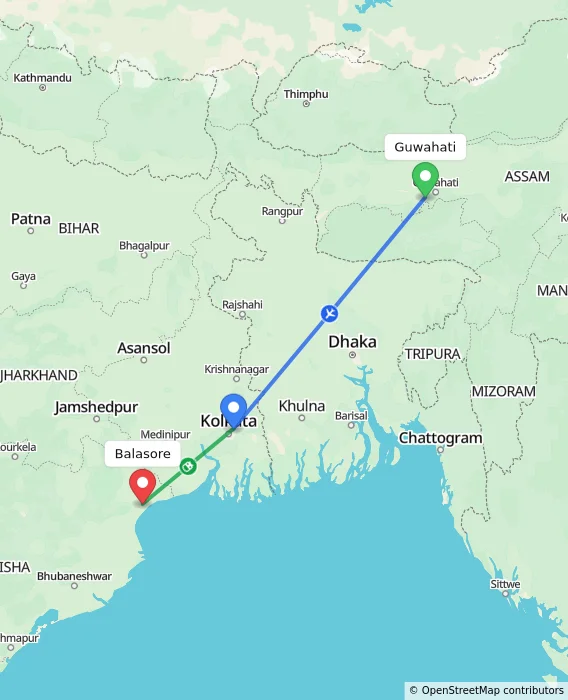 Route map showing distance and travel time from Guwahati, India to Balasore, India