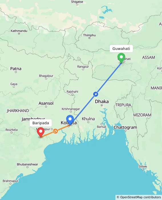 Route map showing distance and travel time from Guwahati, India to Baripada, India