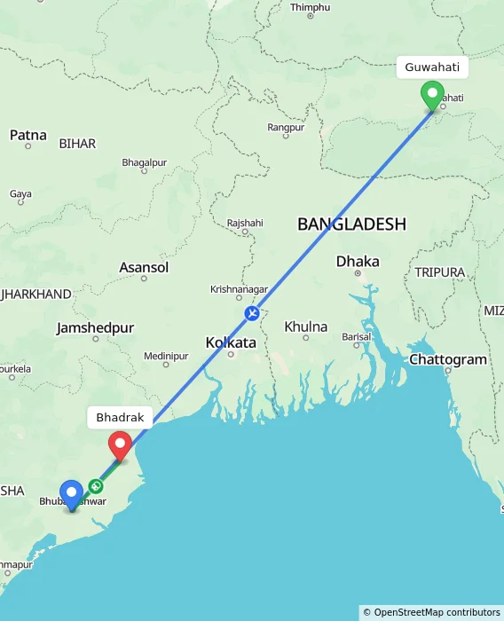 Route map showing distance and travel time from Guwahati, India to Bhadrak, India