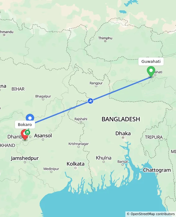 Route map showing distance and travel time from Guwahati, India to Bokaro, India