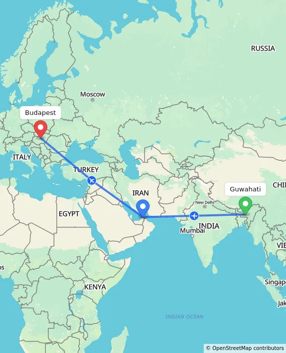 Route map showing distance and travel time from Guwahati, India to Budapest, Hungary