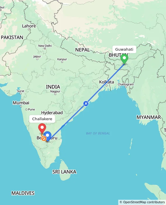 Route map showing distance and travel time from Guwahati, India to Challakere, India