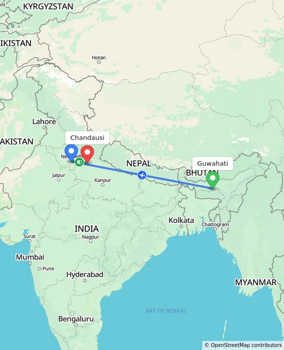 Route map showing distance and travel time from Guwahati, India to Chandausi, India
