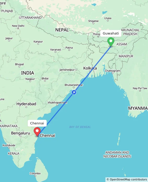 Route map showing distance and travel time from Guwahati, India to Chennai, India