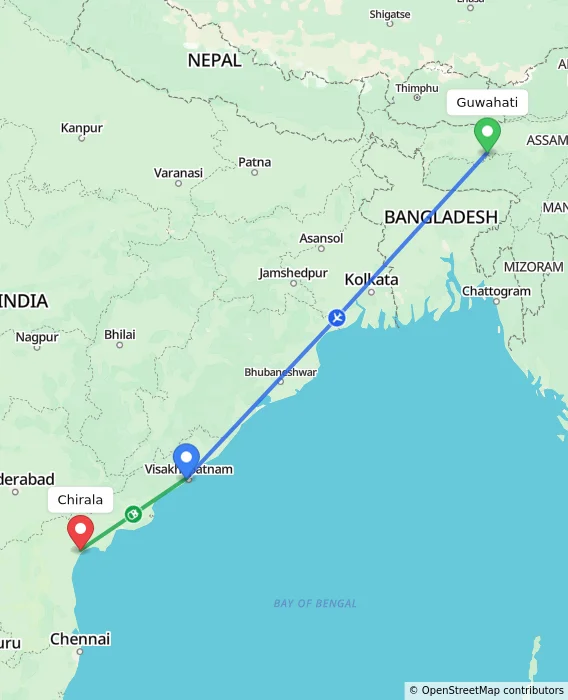 Route map showing distance and travel time from Guwahati, India to Chirala, India