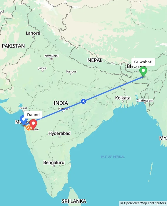 Route map showing distance and travel time from Guwahati, India to Daund, India