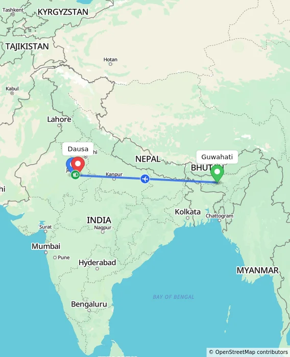 Route map showing distance and travel time from Guwahati, India to Dausa, India