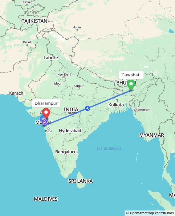 Route map showing distance and travel time from Guwahati, India to Dharampur, India