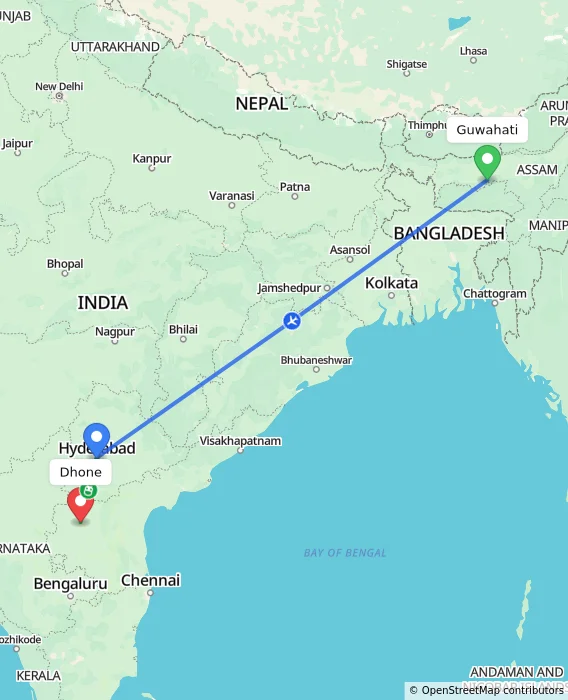 Route map showing distance and travel time from Guwahati, India to Dhone, India