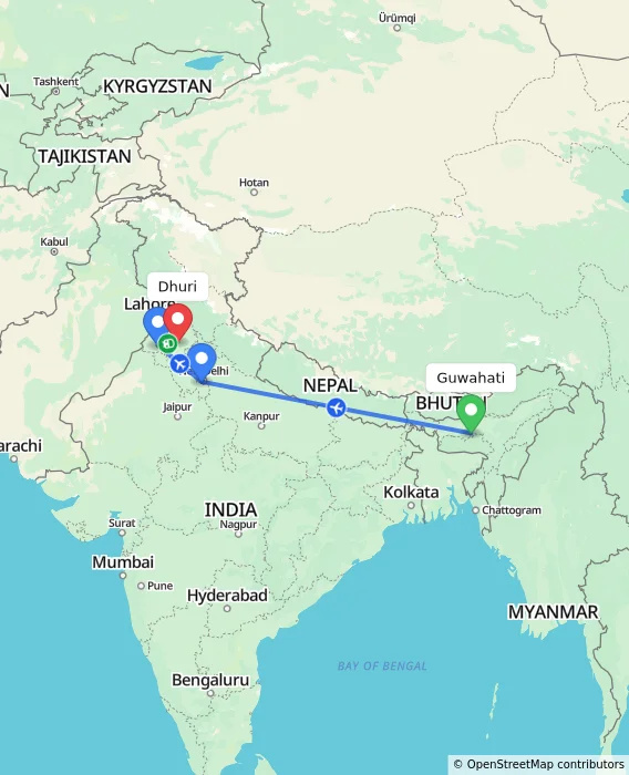 Route map showing distance and travel time from Guwahati, India to Dhuri, India