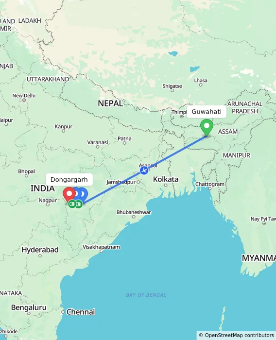 Route map showing distance and travel time from Guwahati, India to Dongargarh, India