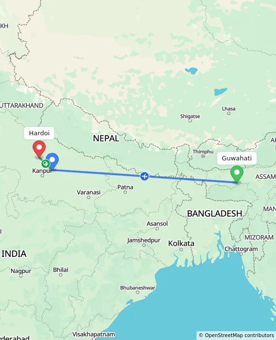 Route map showing distance and travel time from Guwahati, India to Hardoi, India