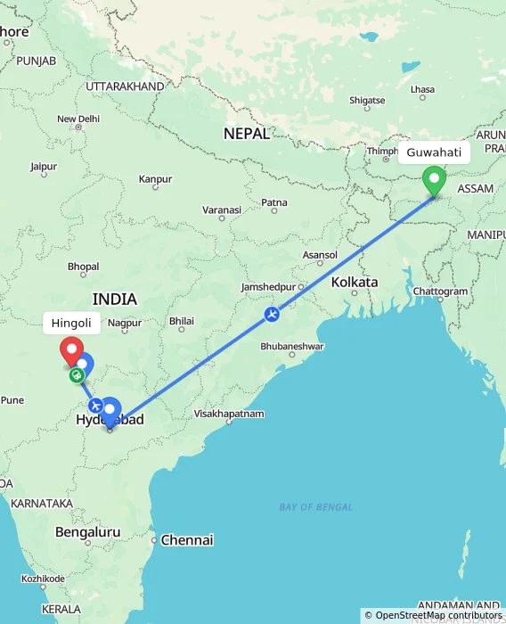 Route map showing distance and travel time from Guwahati, India to Hingoli, India