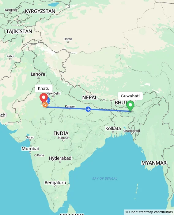 Route map showing distance and travel time from Guwahati, India to Khatu, India