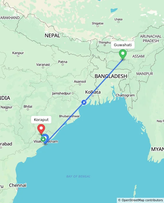 Route map showing distance and travel time from Guwahati, India to Koraput, India