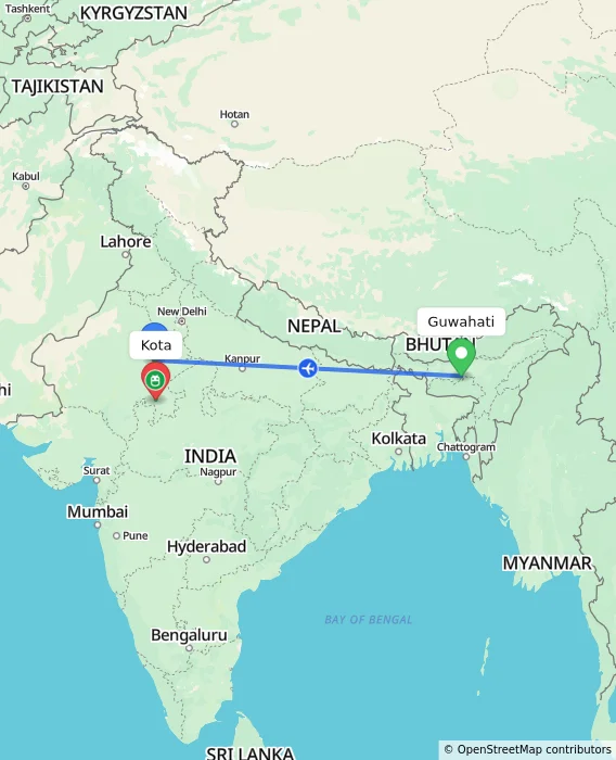 Route map showing distance and travel time from Guwahati, India to Kota, India