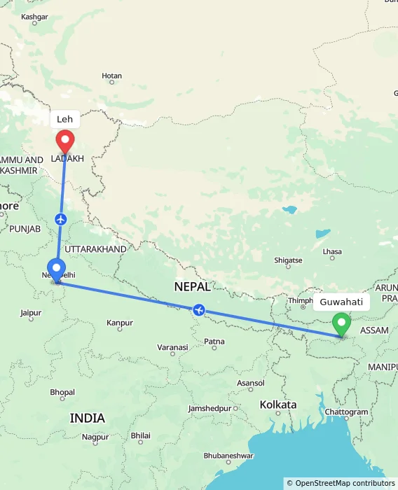 Route map showing distance and travel time from Guwahati, India to Leh, India