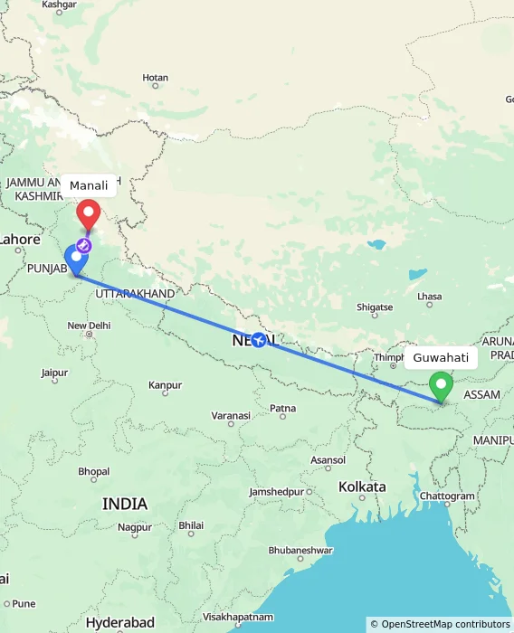 Route map showing distance and travel time from Guwahati, India to Manali, India